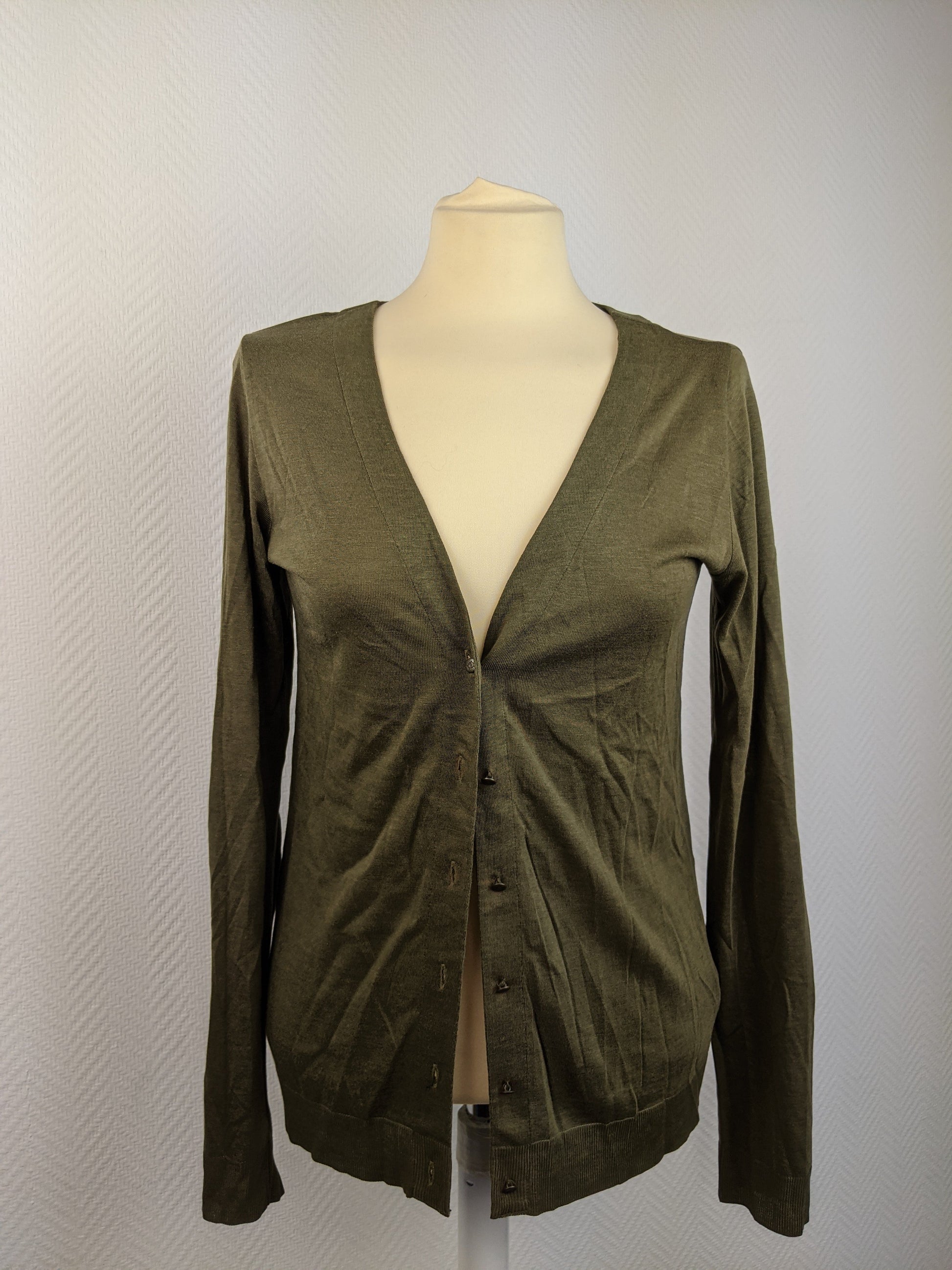 Olive green cardigan front view