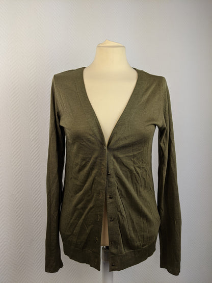 Olive green cardigan front view