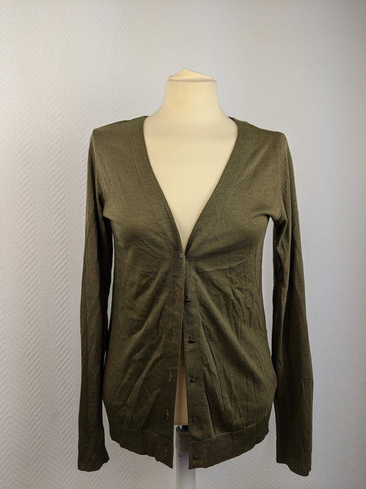 Olive green cardigan front view