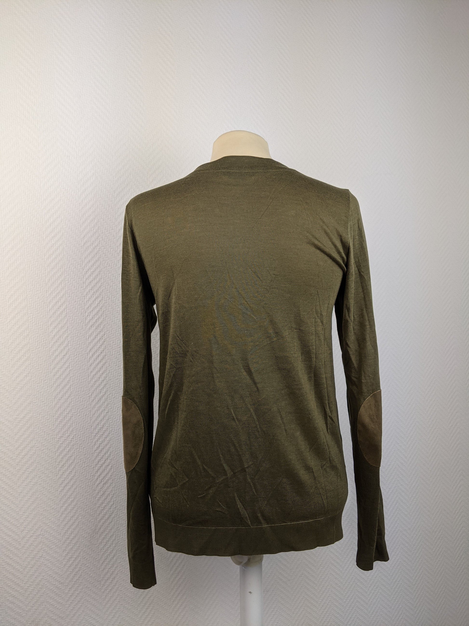 Olive green cardigan back view