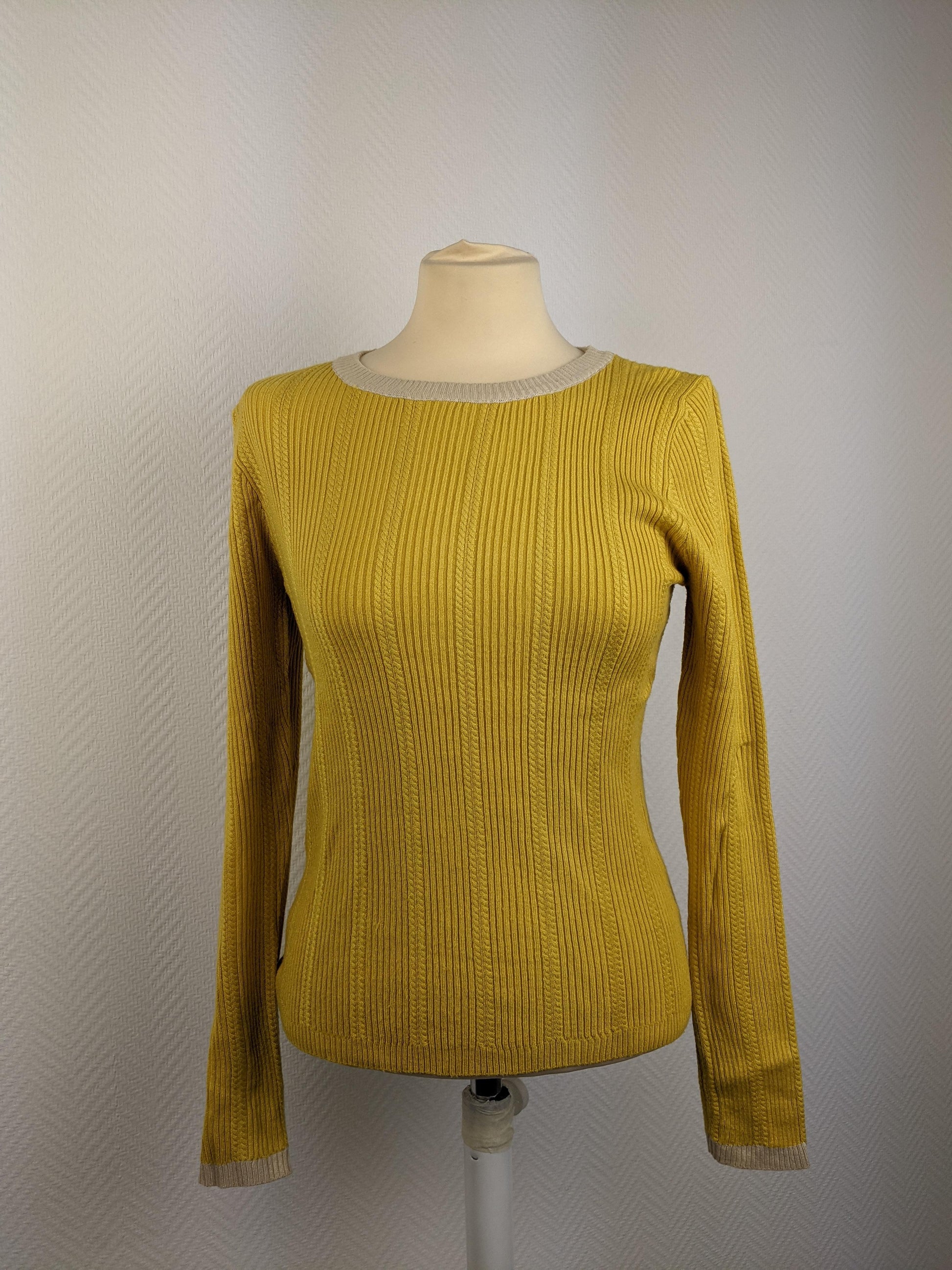 Front view of Mulaya yellow ribbed knit sweater