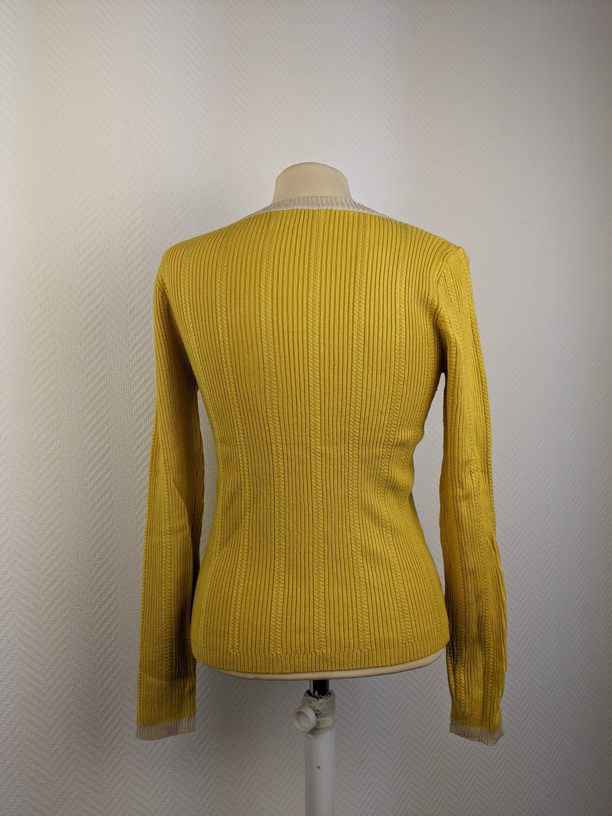 Back view of Mulaya yellow ribbed knit sweater