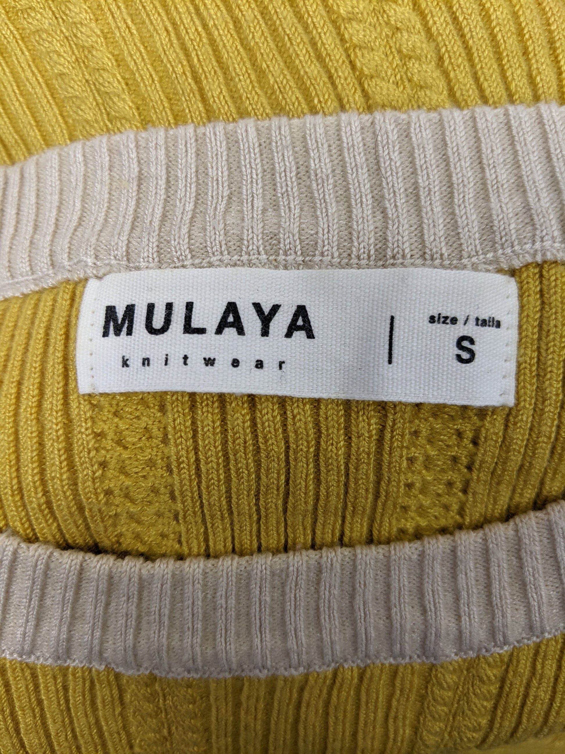 Label of Mulaya yellow ribbed knit sweater