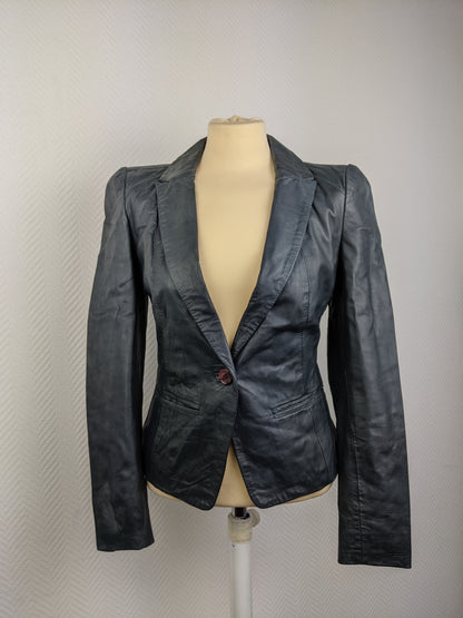 Front view of black leather blazer