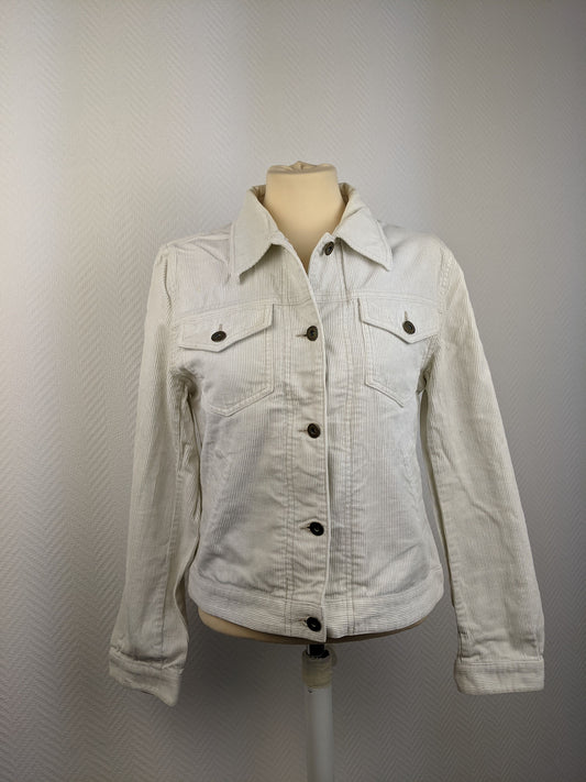 Front view of cream corduroy jacket on mannequin