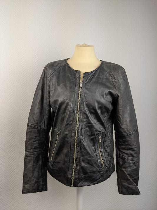 Front view of black leather jacket