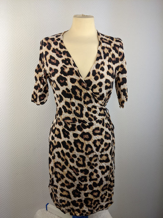 Leopard print wrap dress, front view