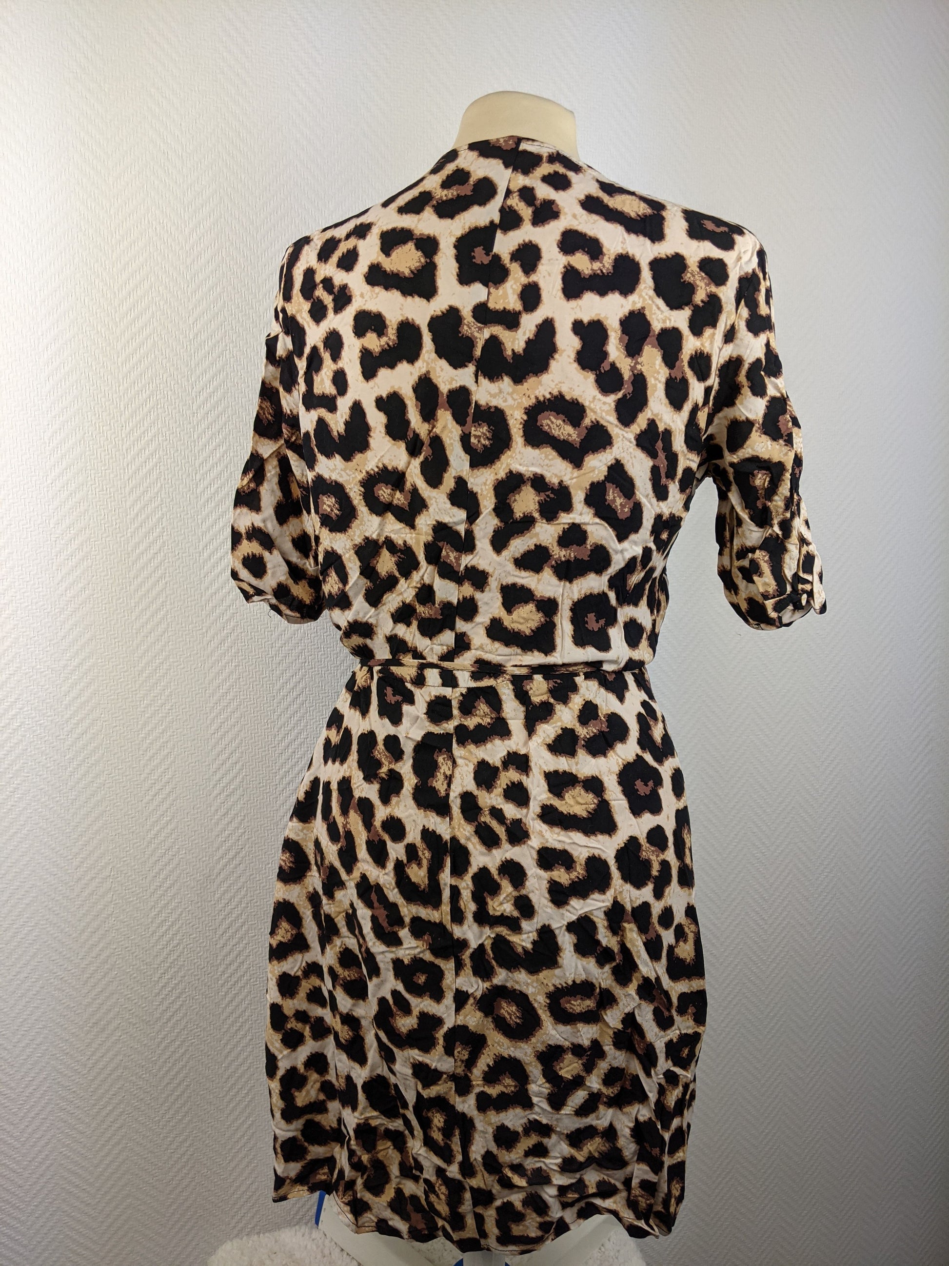 Leopard print wrap dress, back view