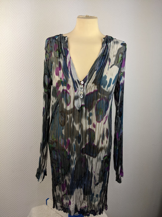 Front view of colorful sheer pleated dress