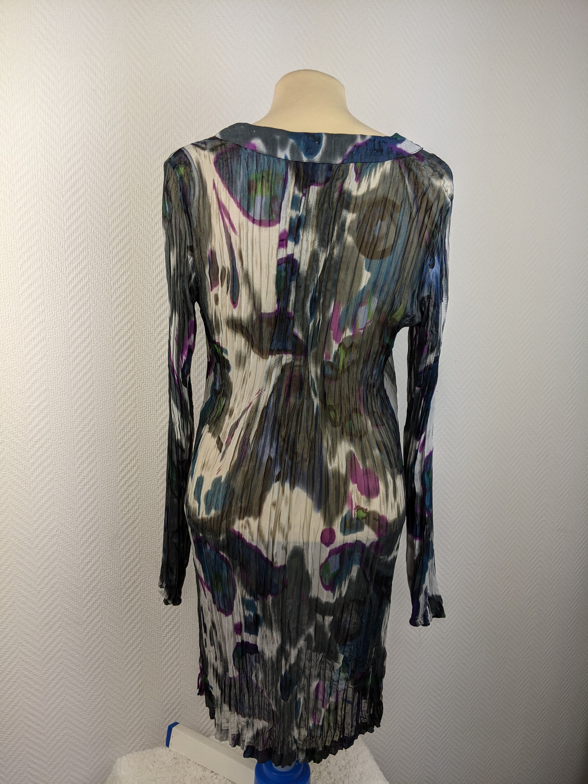 Back view of colorful sheer pleated dress