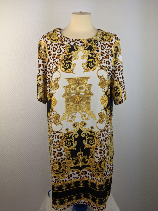 Front view of Rebel Marabel leopard and baroque print dress