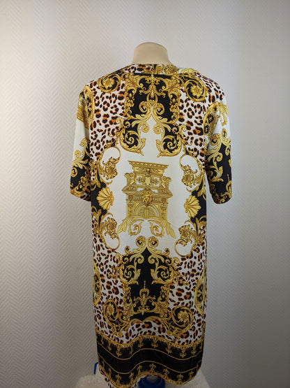 Back view of Rebel Marabel leopard and baroque print dress