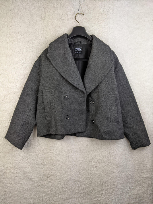 Front view of gray Zara double-breasted jacket