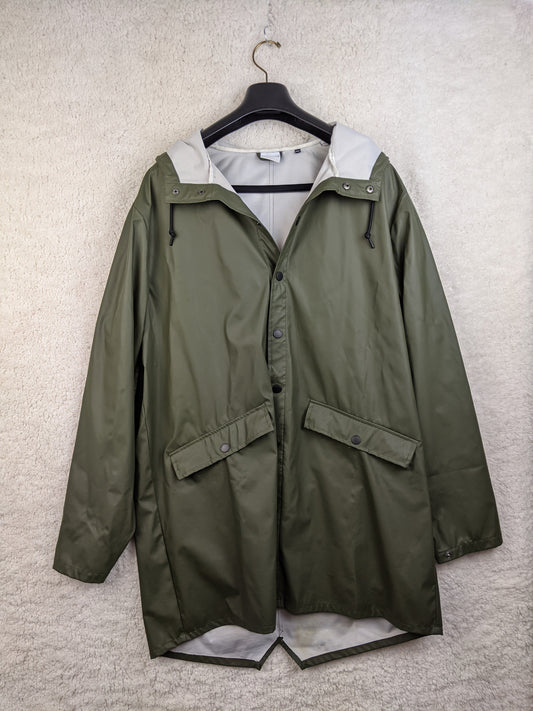 Olive green raincoat on hanger