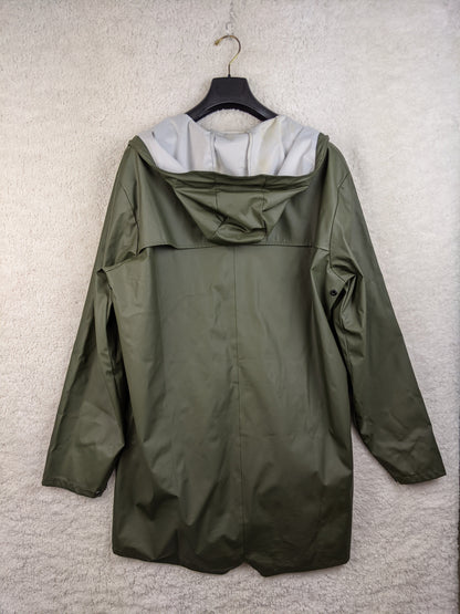 Back view of olive green raincoat