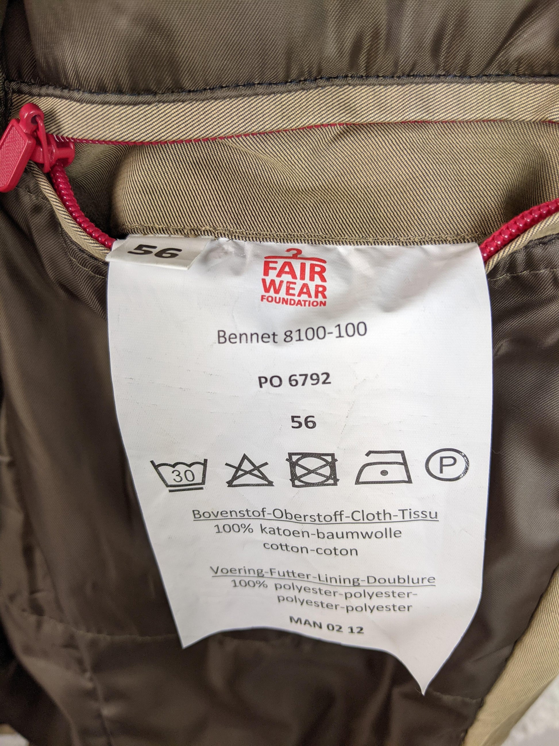 Size and care label showing details of the coat