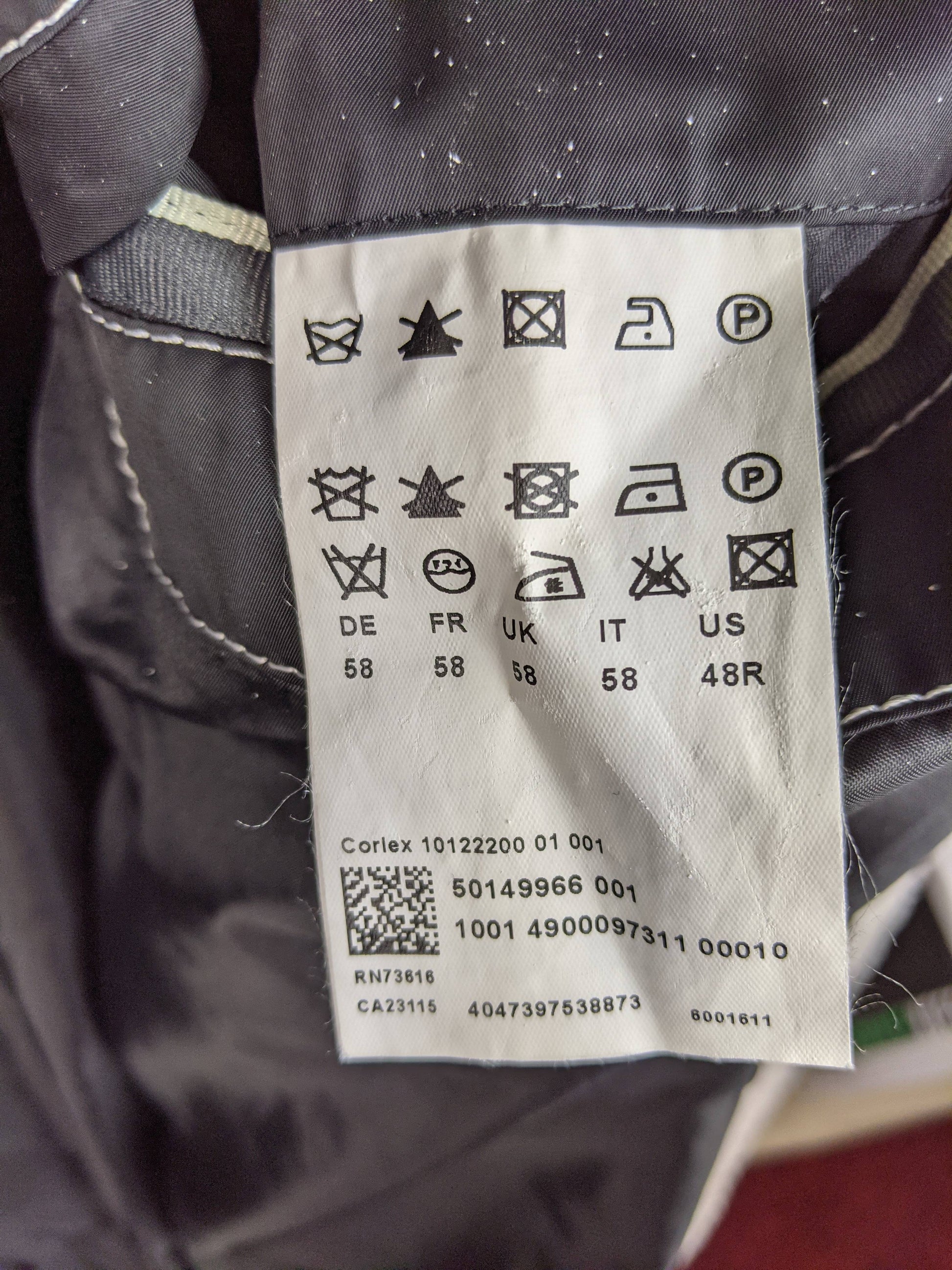 Size and care label with size 58