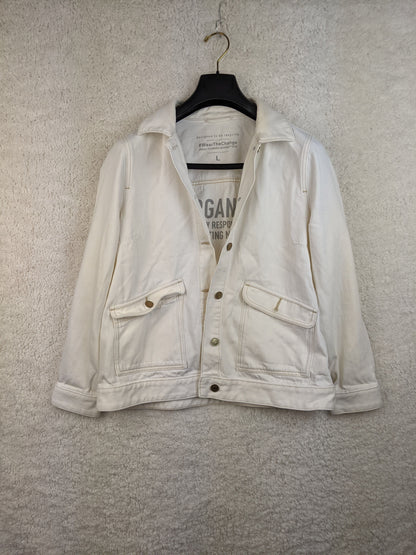 Front view of white sustainable denim jacket
