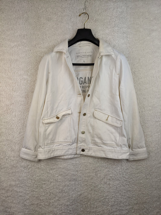 Front view of white sustainable denim jacket