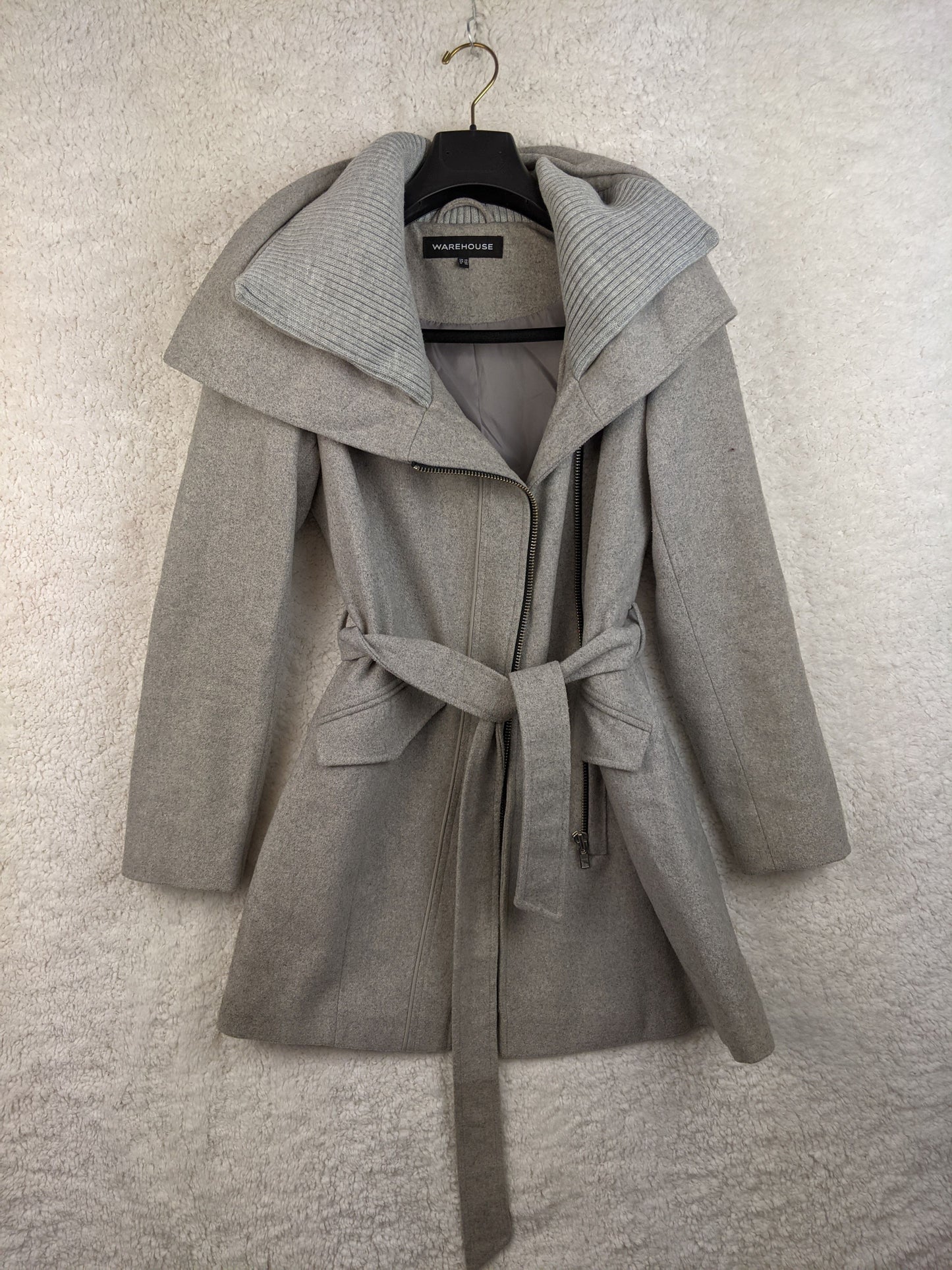 Front view of Warehouse grey coat with belt