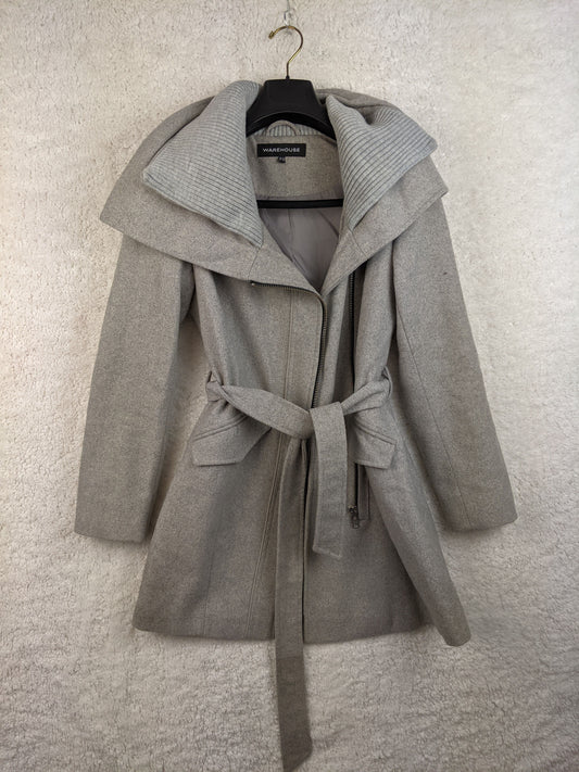 Front view of Warehouse grey coat with belt