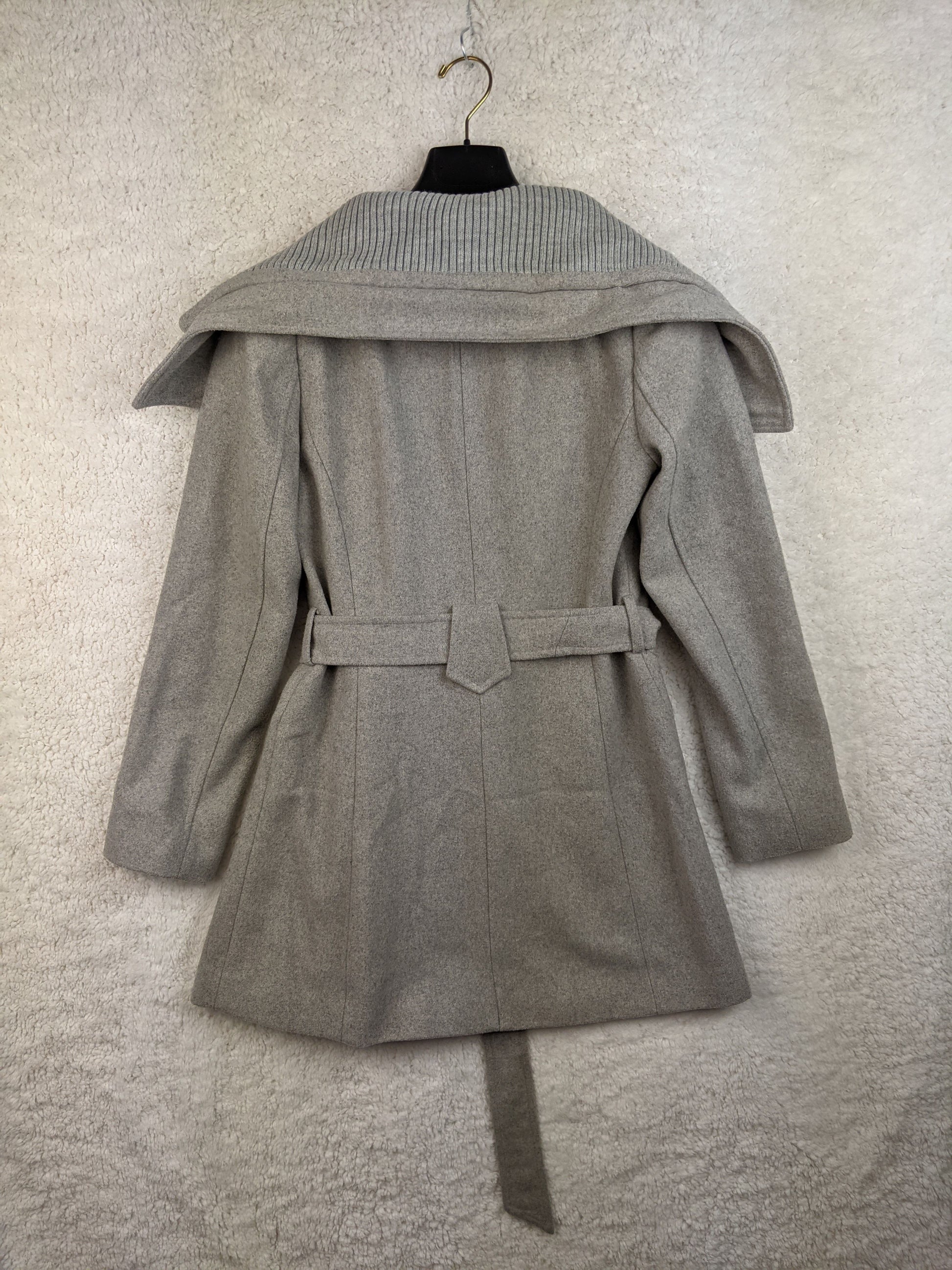 Back view of Warehouse grey coat with belt