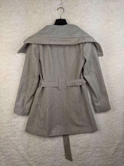 Back view of Warehouse grey coat with belt