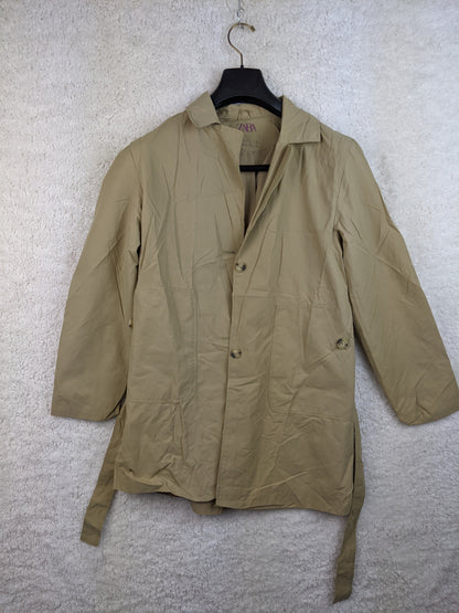 Beige lightweight jacket on hanger, front view