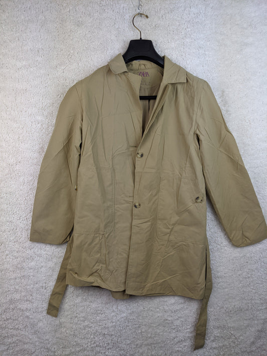 Beige lightweight jacket on hanger, front view