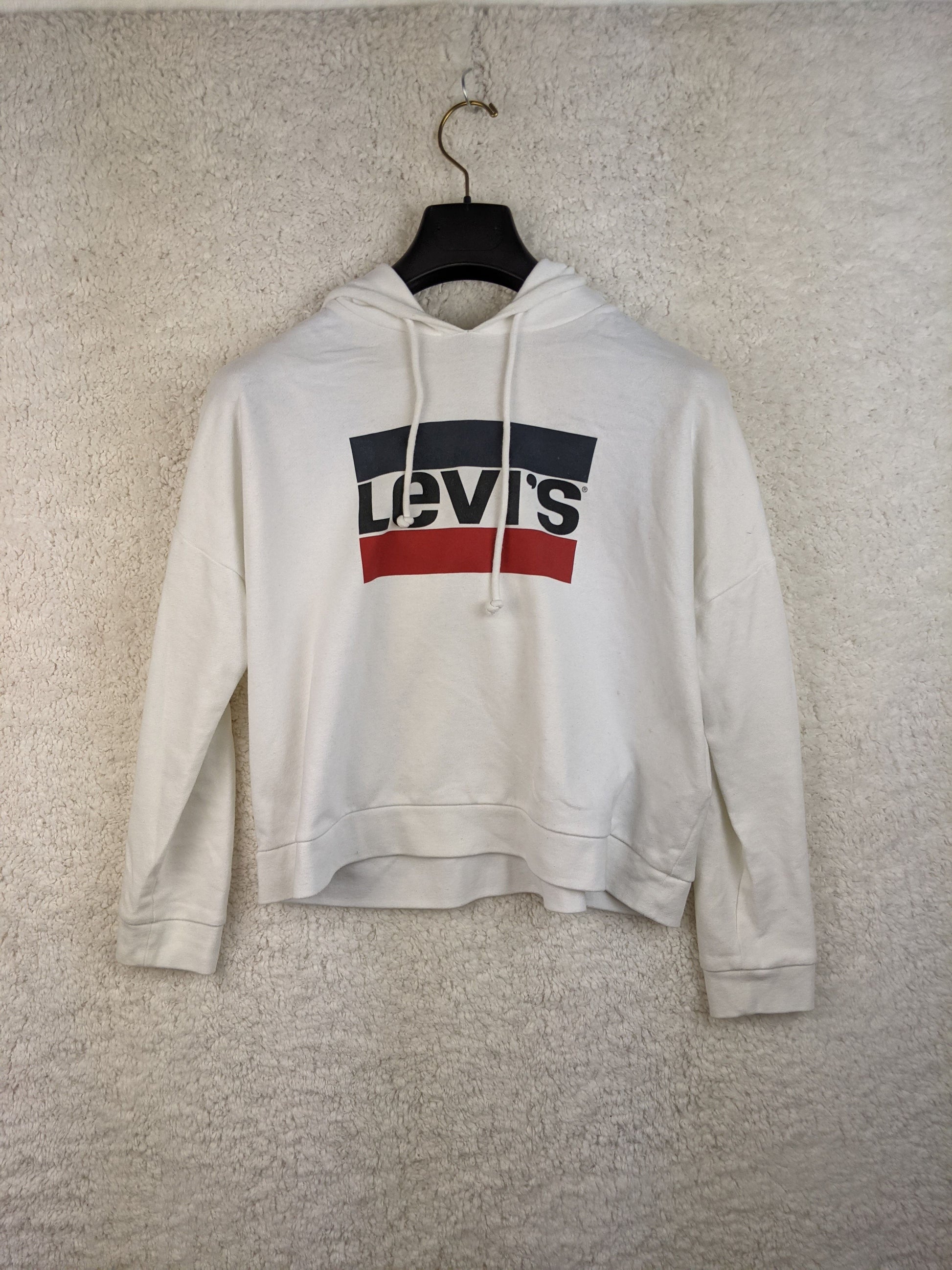 Front view of Levi's white hoodie with logo