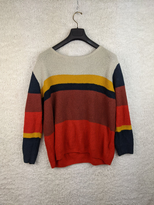 Front view of multicolor striped sweater on hanger