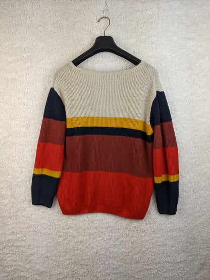 Back view of multicolor striped sweater on hanger