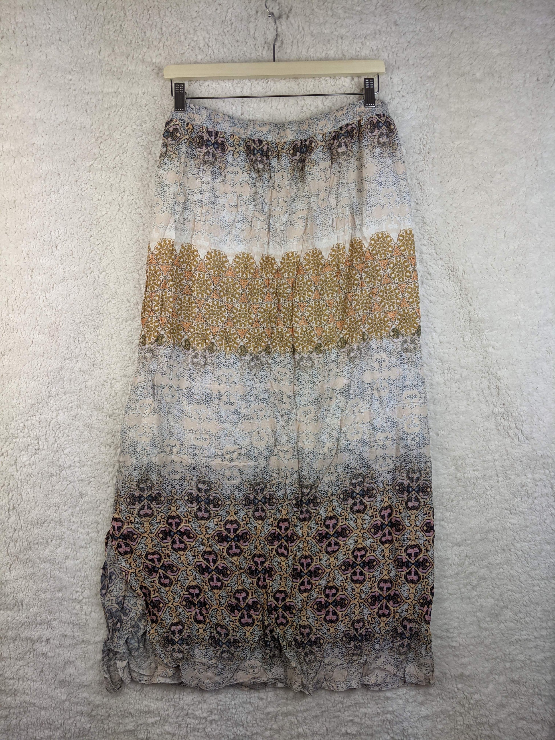 Back view of boho floral print maxi skirt