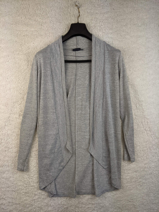 Front view of grey open-front cardigan