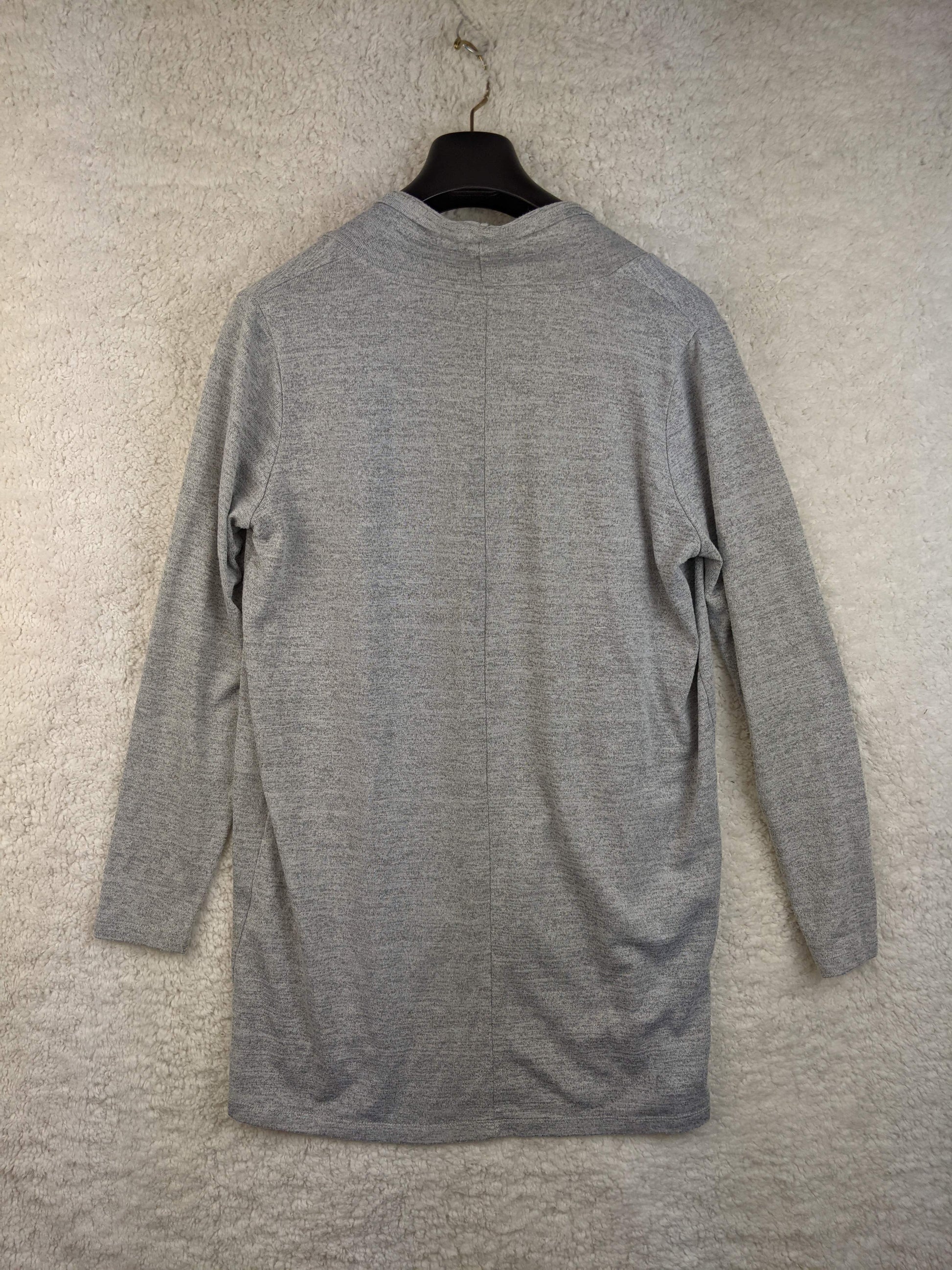 Back view of grey open-front cardigan