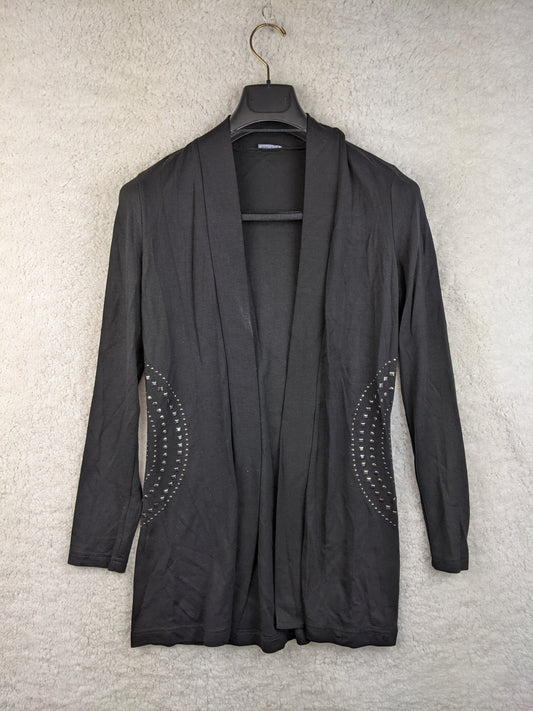 Front view of black open front cardigan
