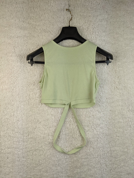 Mint green ribbed crop top on hanger, front view