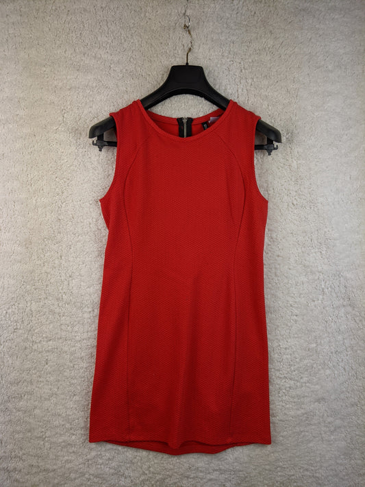 Front view of red sleeveless dress on hanger