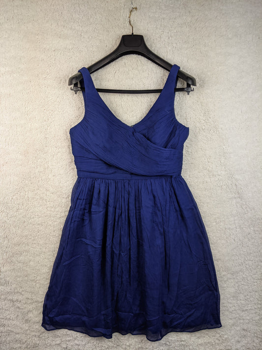 Front view of a blue sleeveless dress on hanger