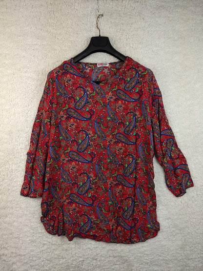 Front view of Meggie vibrant paisley print blouse