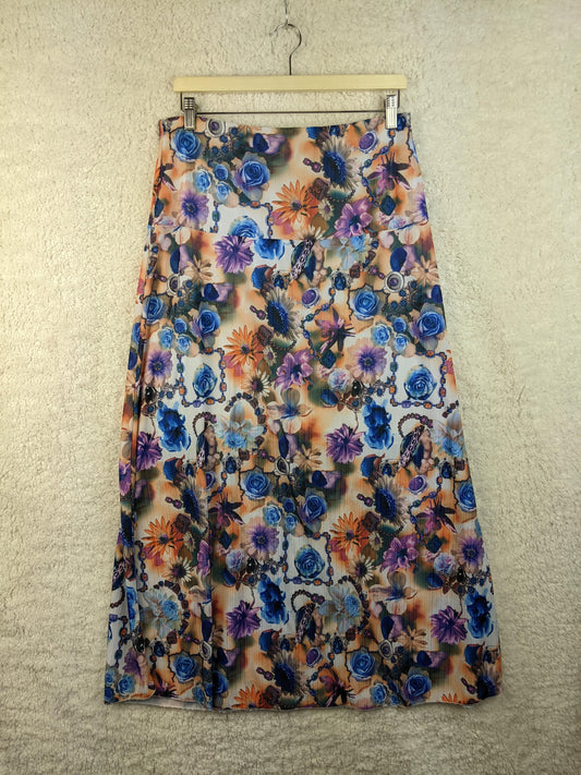Floral maxi skirt hanging on a hanger