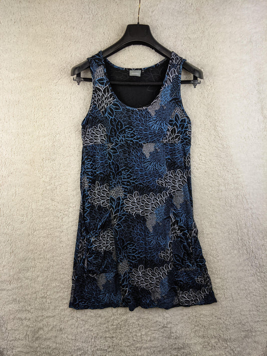 Front view of blue floral sleeveless dress