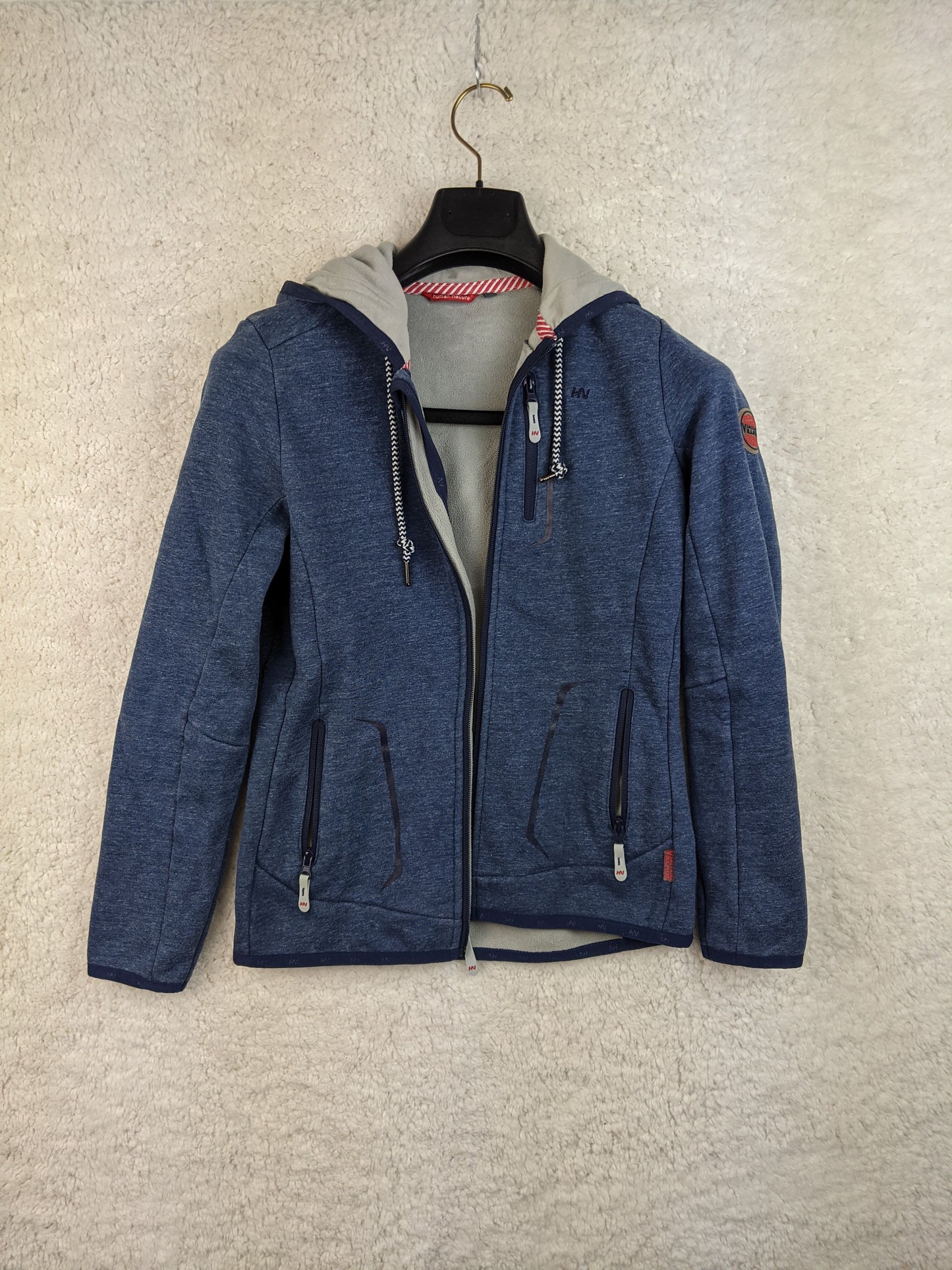Front view of blue hooded jacket