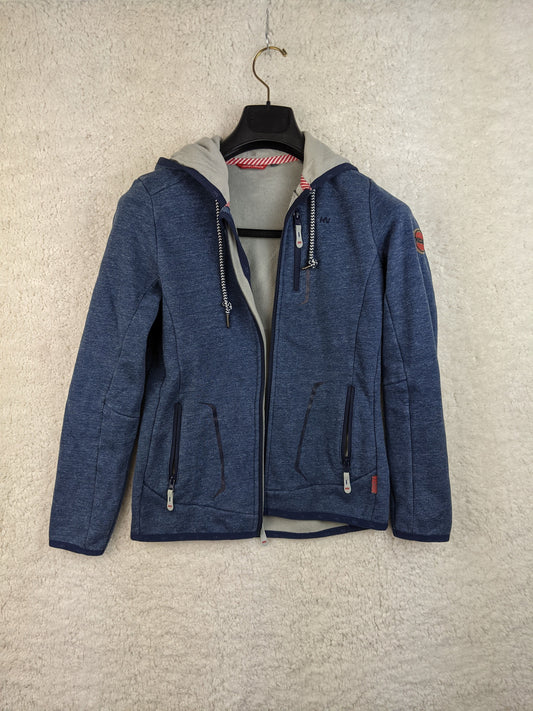 Front view of blue hooded jacket