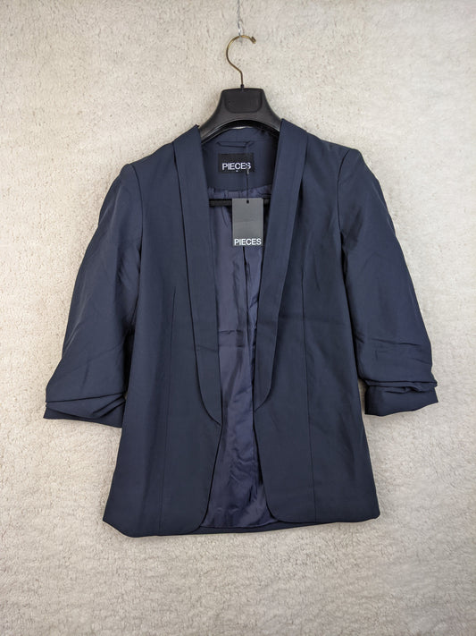 Navy blue blazer by Pieces on hanger front view
