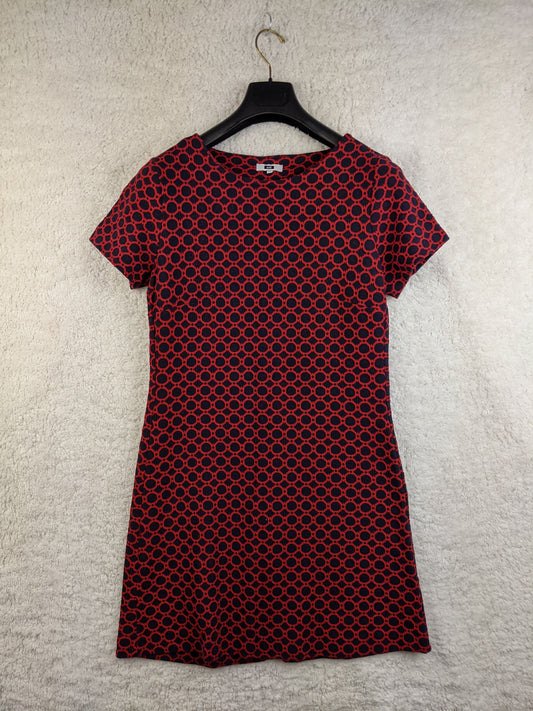 Front view of red and black patterned dress
