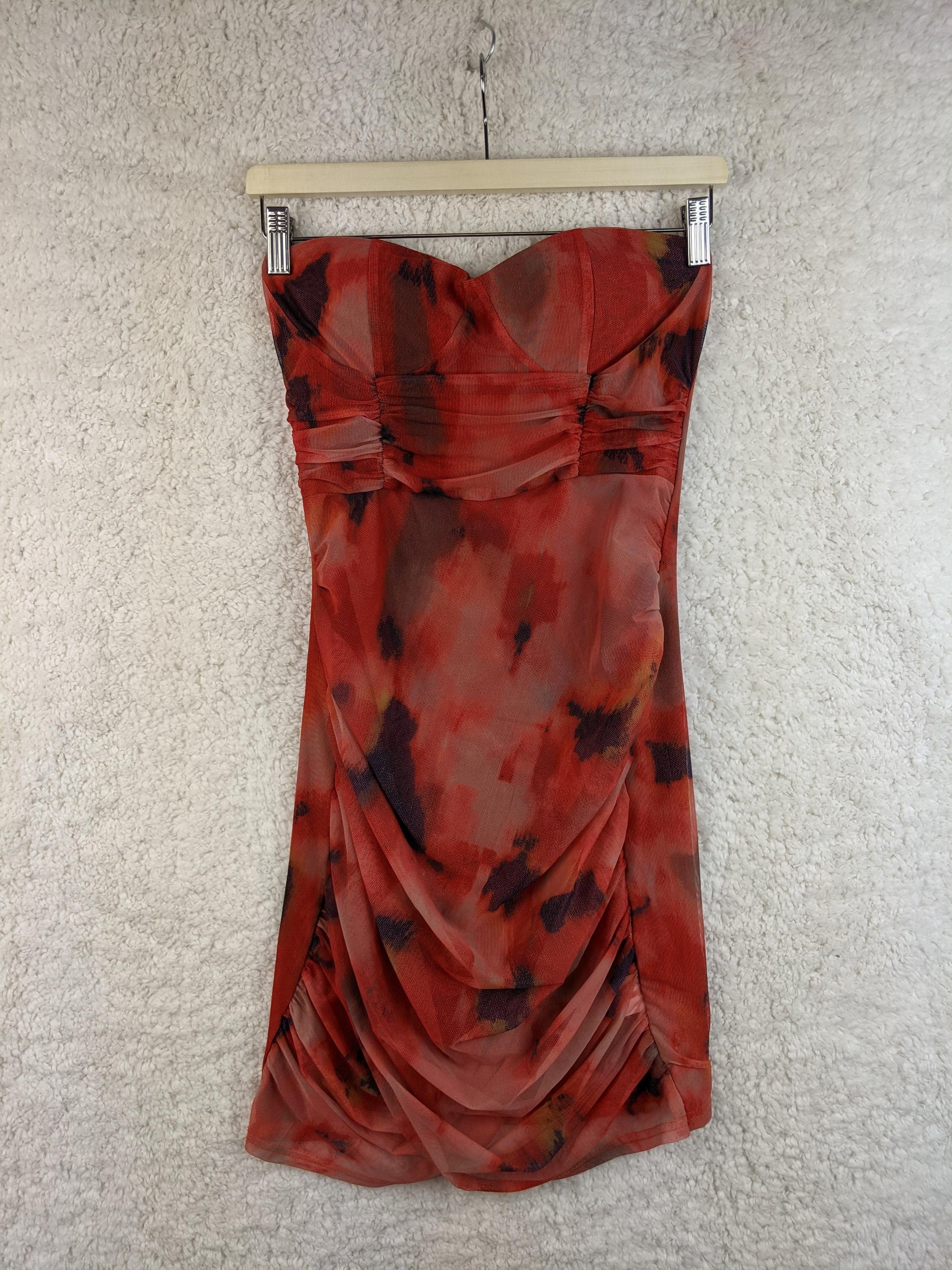 Front view of red strapless dress