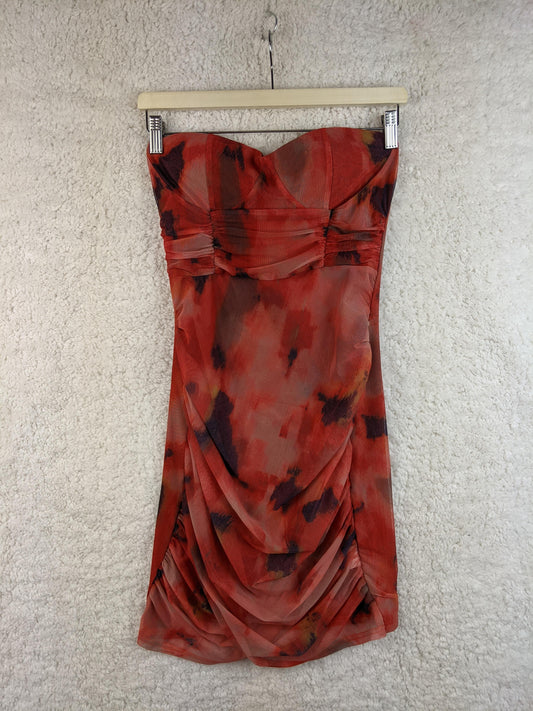 Front view of red strapless dress