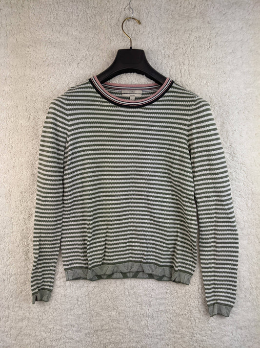 Front view of EDC green striped sweater