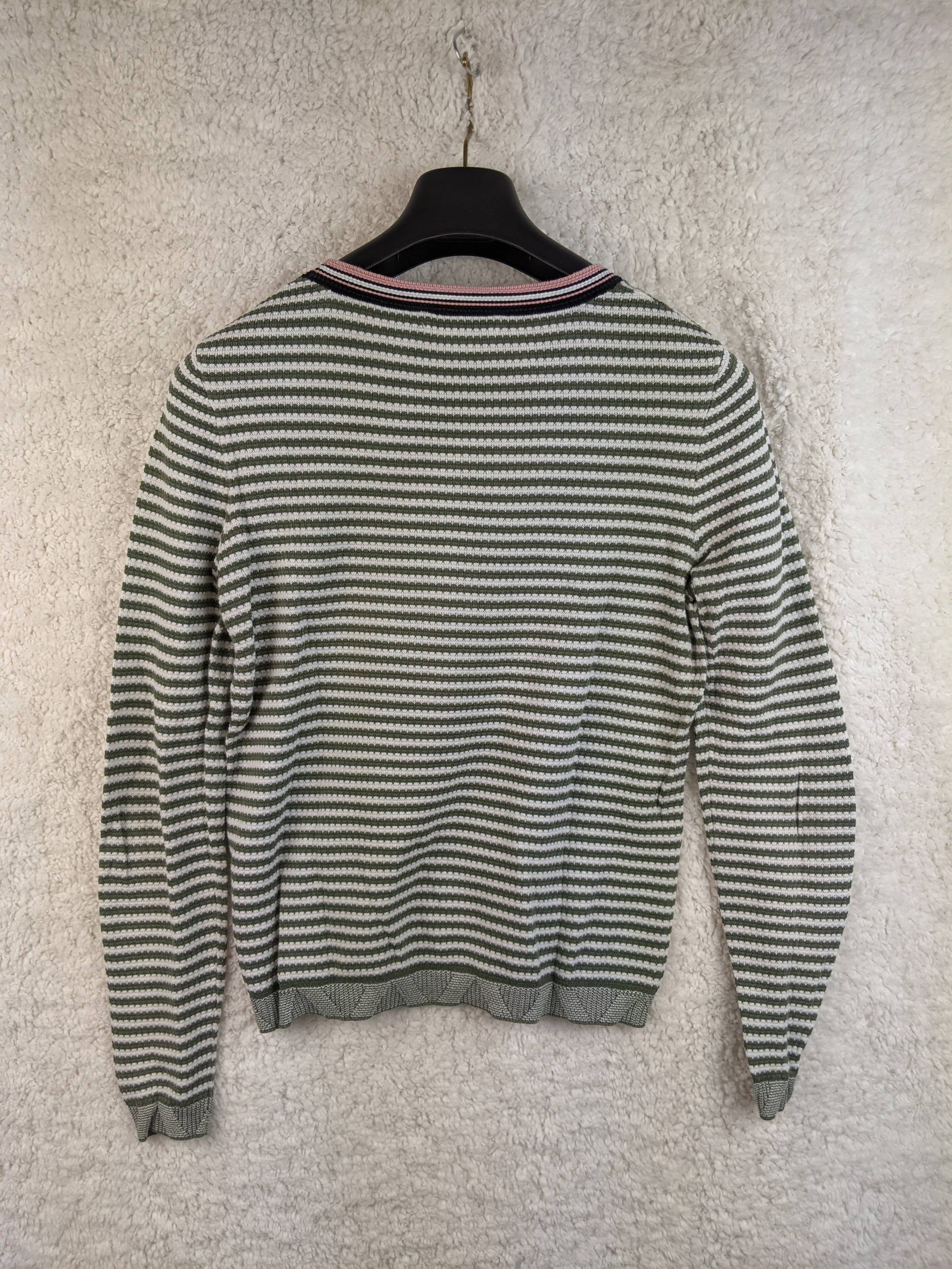 Back view of EDC green striped sweater